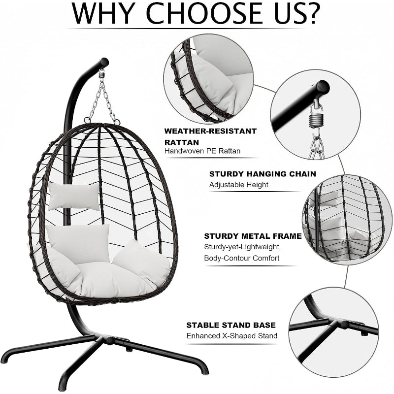 Brown‑Grey Wicker Hanging Egg Chair with Stand