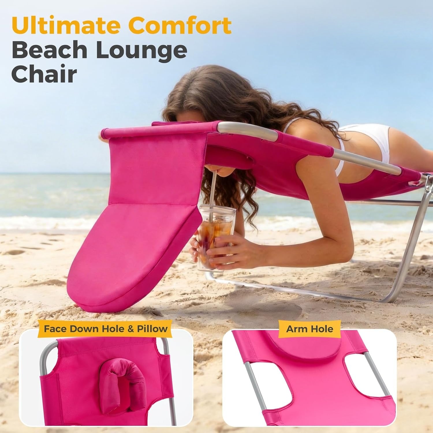 Pink Tanning Beach Lounge Chair with Face Hole