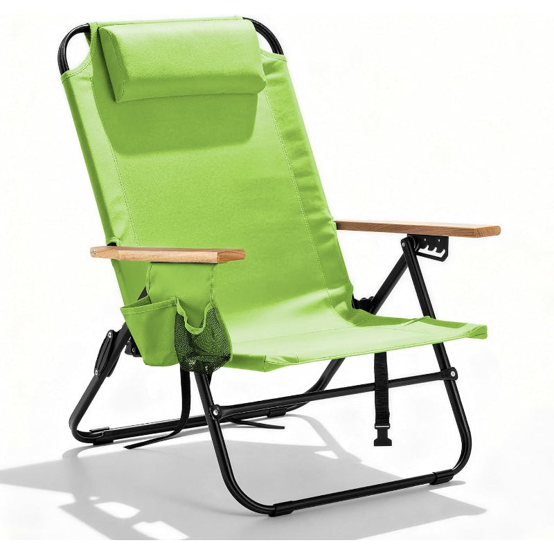 Light Green Reclining Camping Chair with Wood Armrests