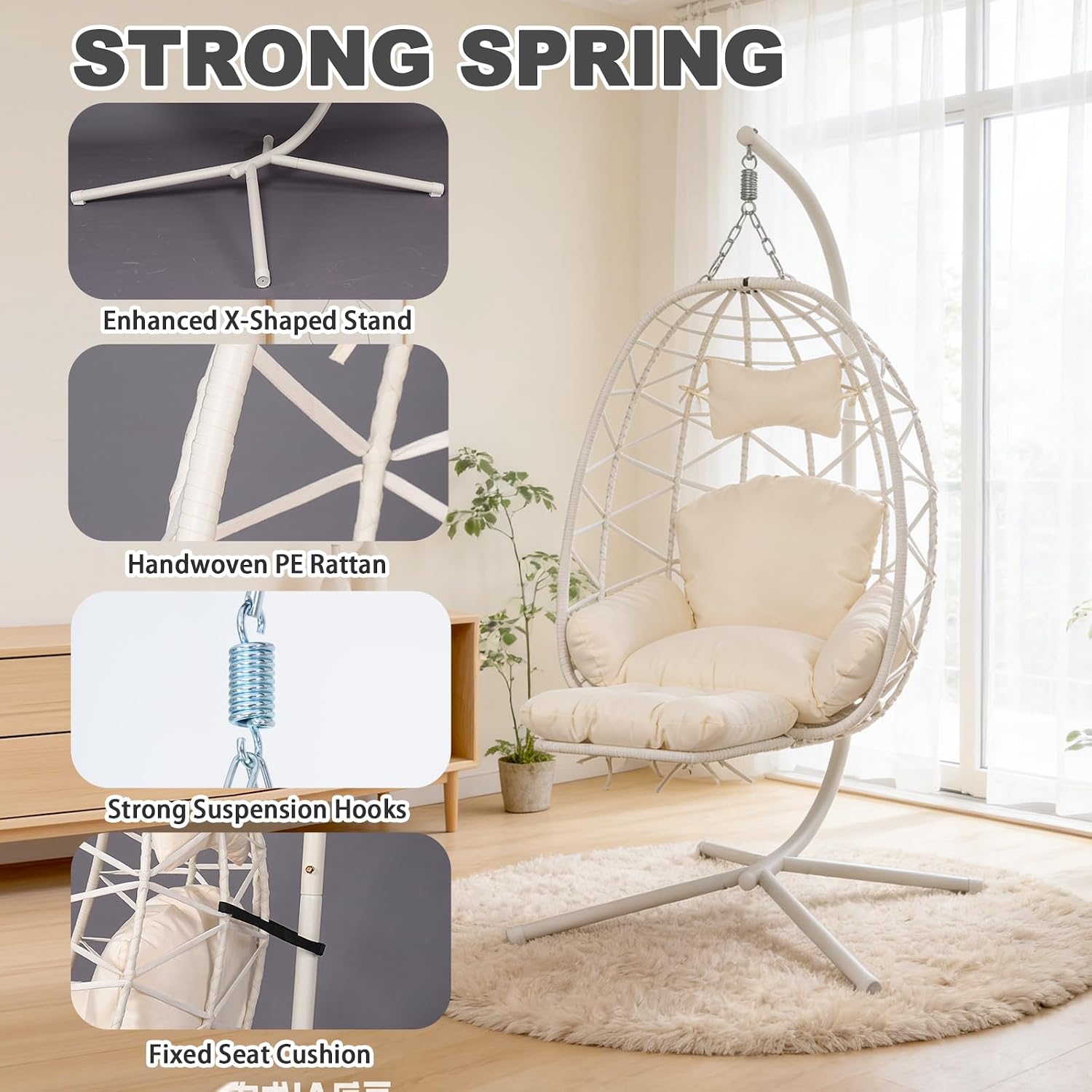 White Wicker Hanging Egg Chair with Footrest & Stand
