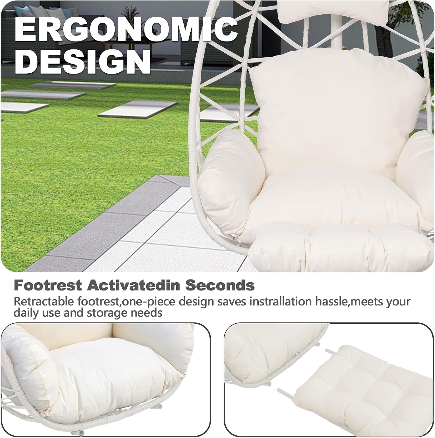 White Wicker Hanging Egg Chair with Footrest & Stand