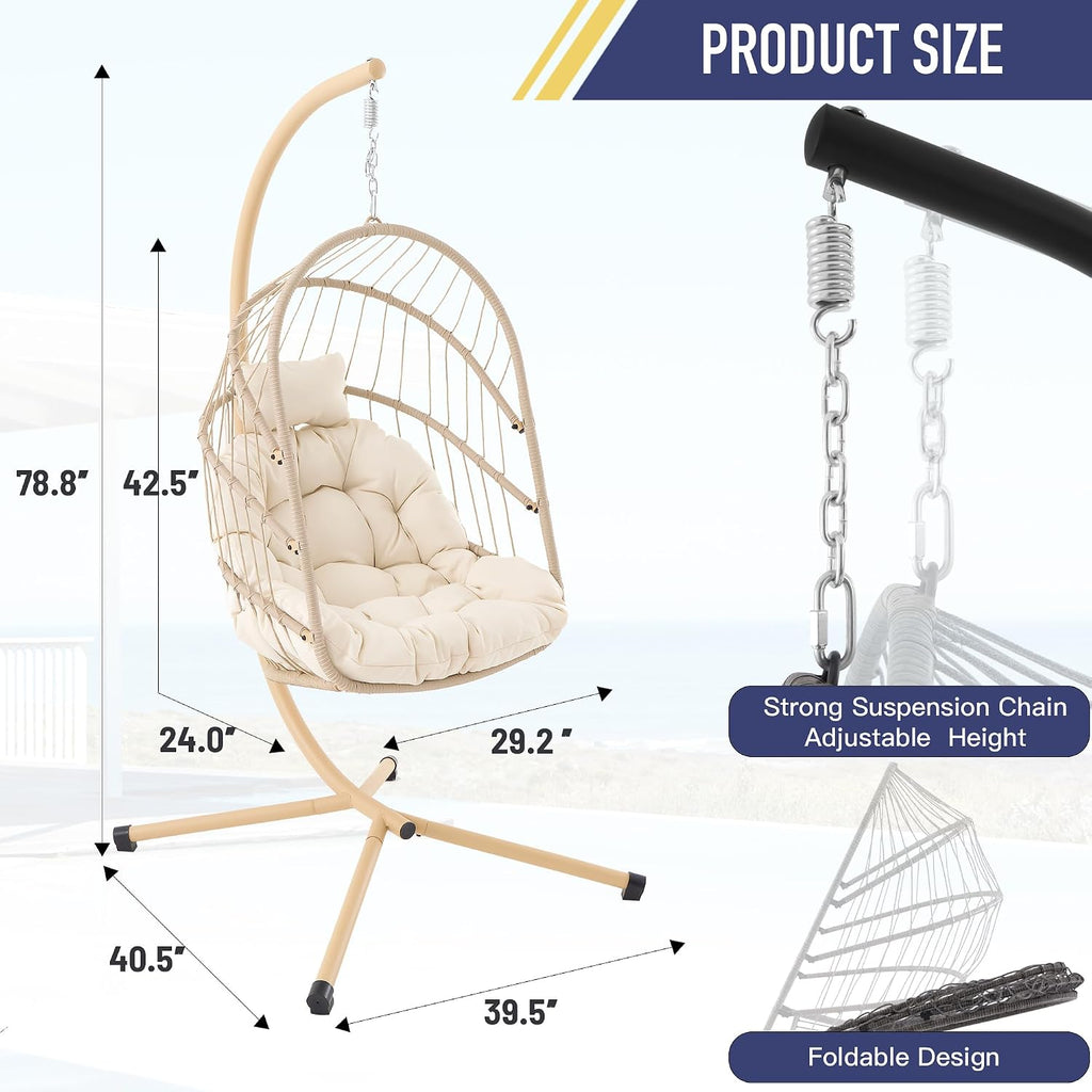Beige Foldable Hanging Egg Chair with Stand