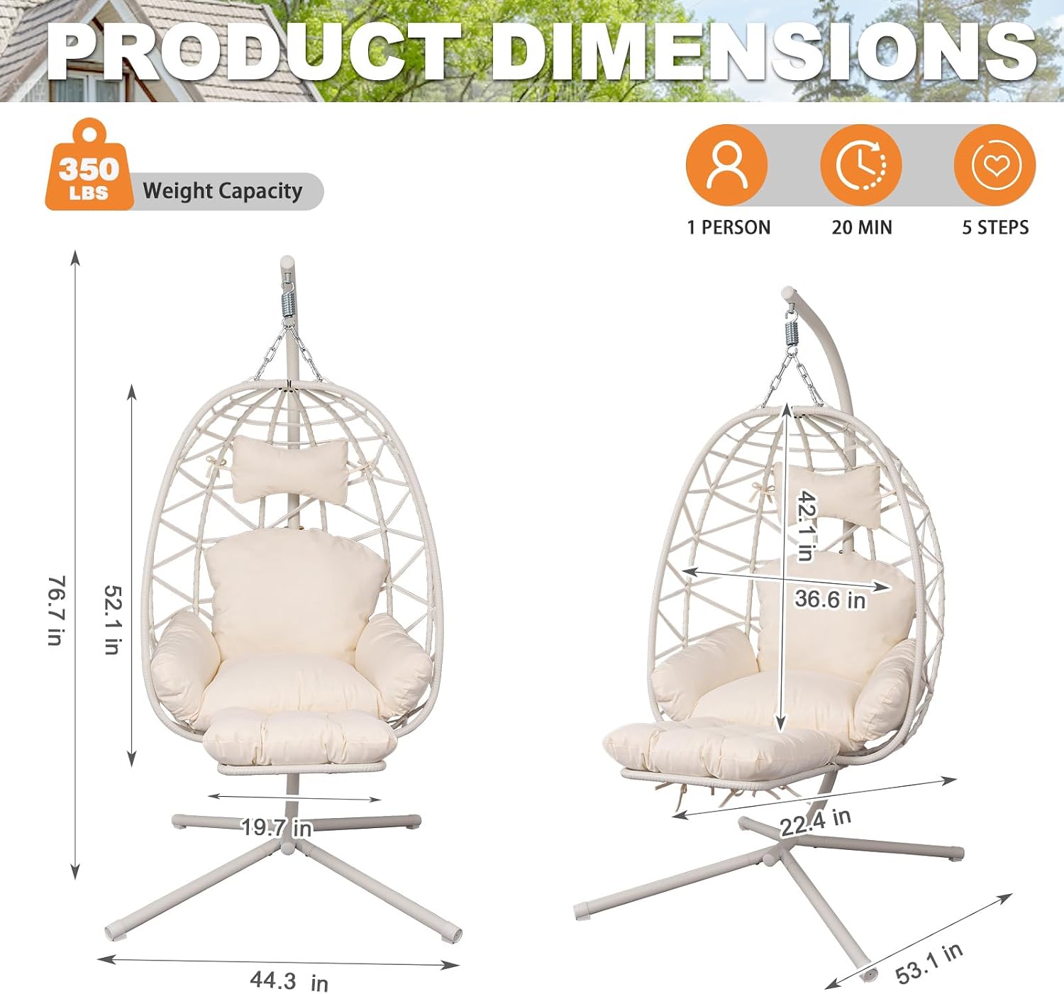 White Wicker Hanging Egg Chair with Footrest & Stand