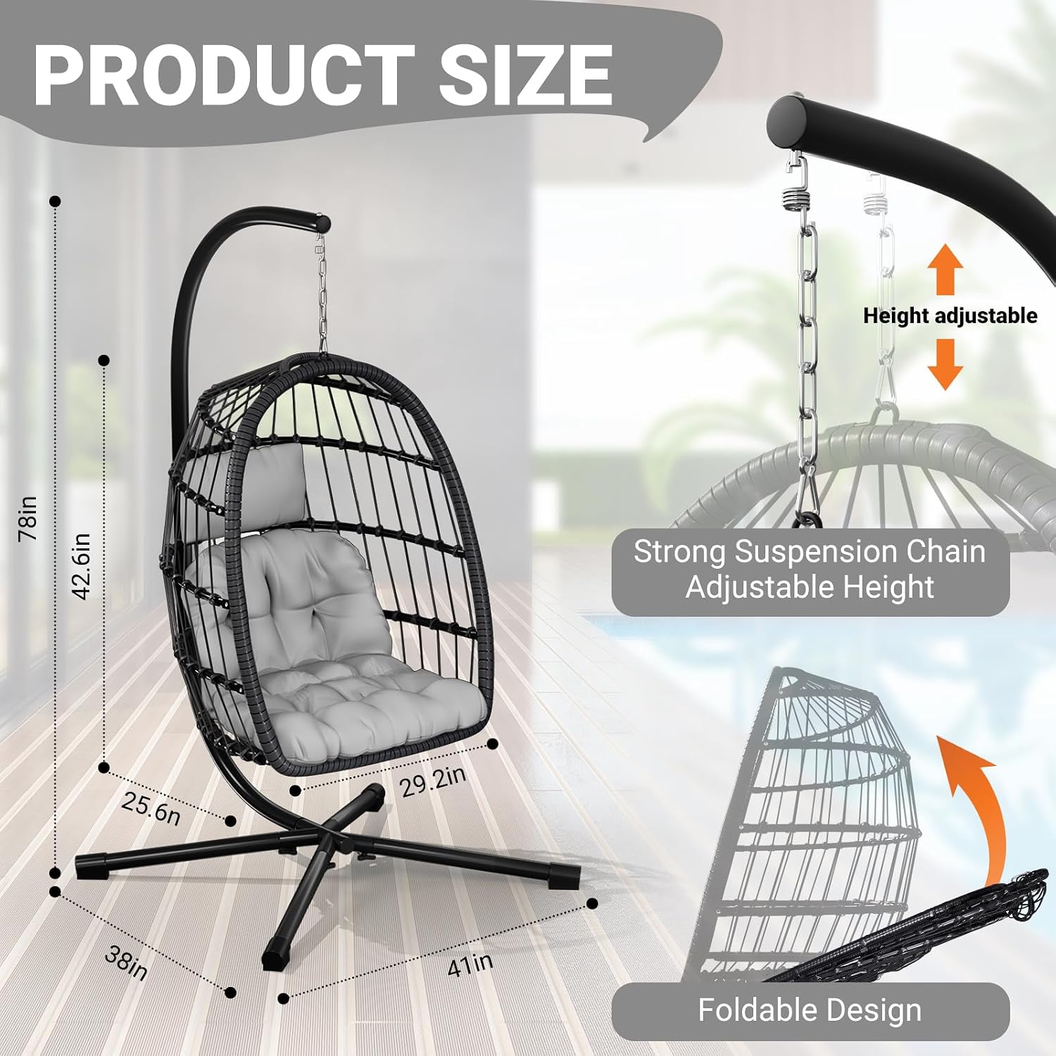 Light Grey Oversized Wicker Hanging Egg Chair with Stand