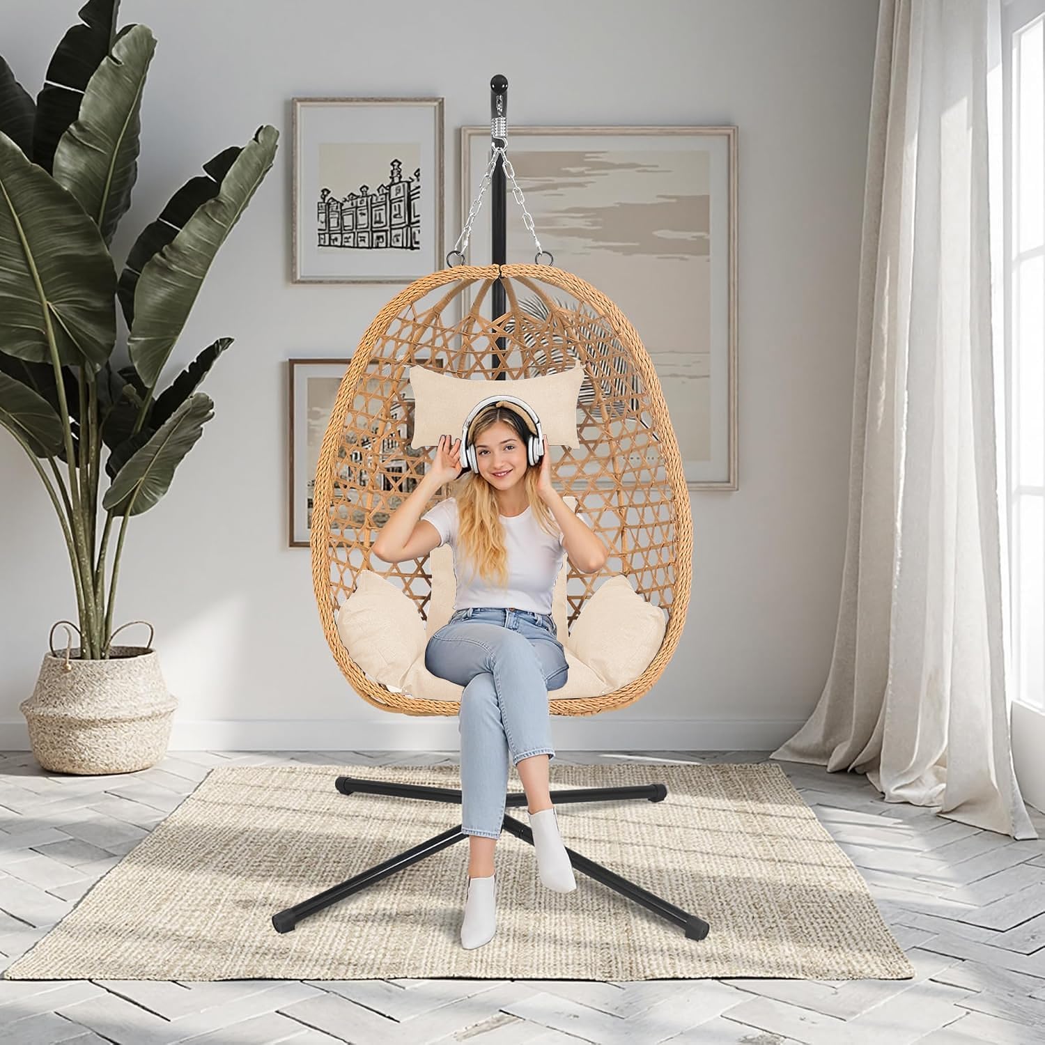 Burlywood Rattan Hanging Egg Chair with Stand