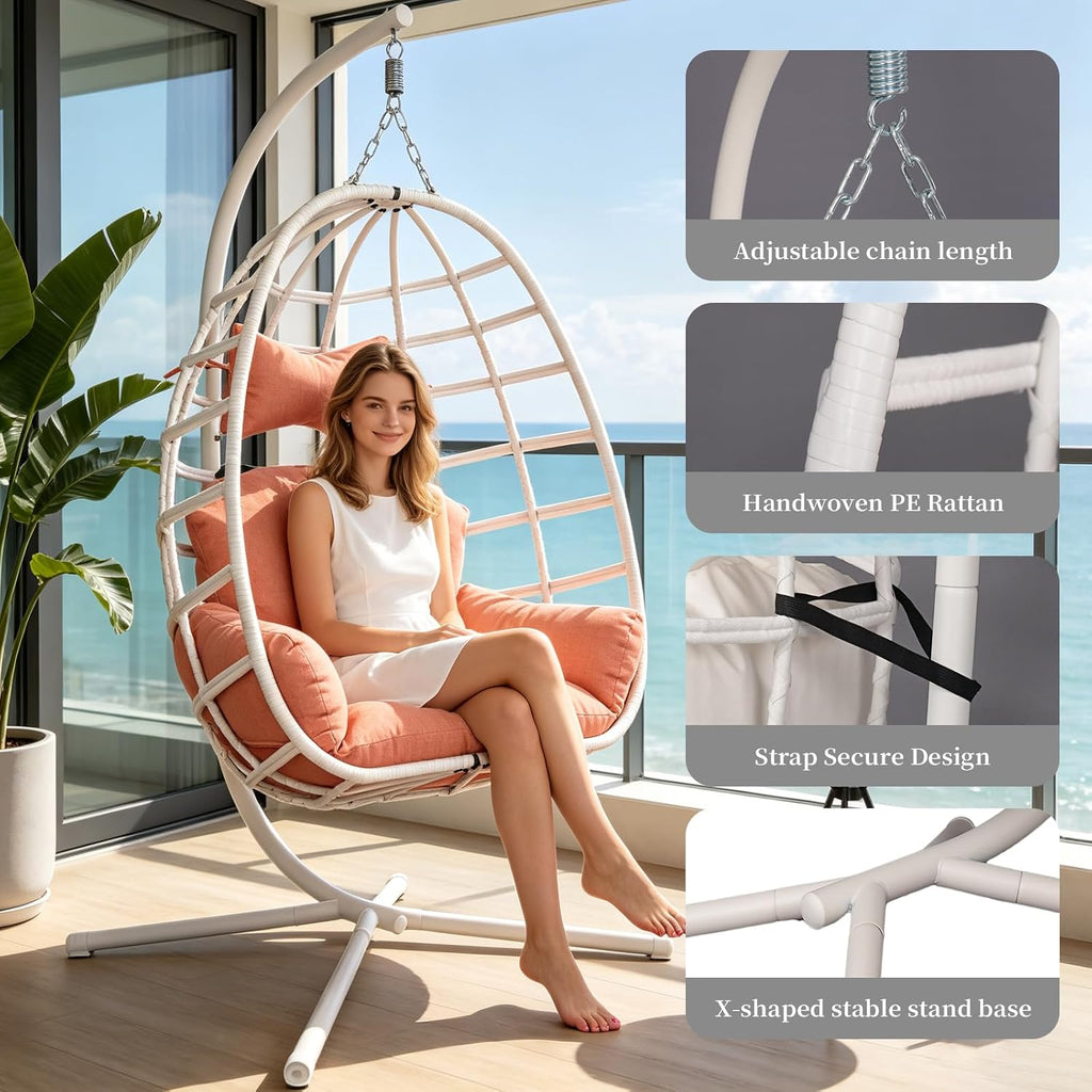 White‑Orange Rattan Hanging Egg Chair with Stand