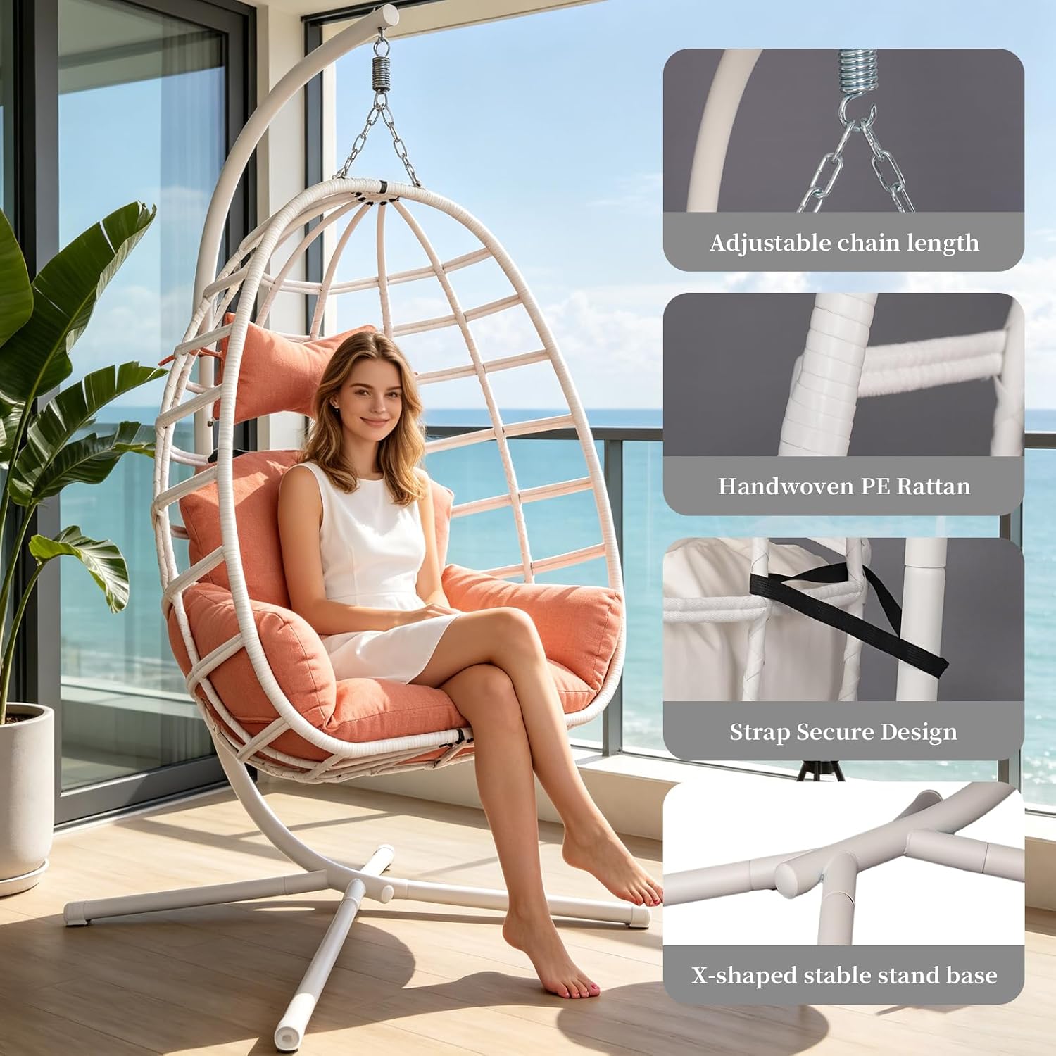 White‑Orange Rattan Hanging Egg Chair with Stand