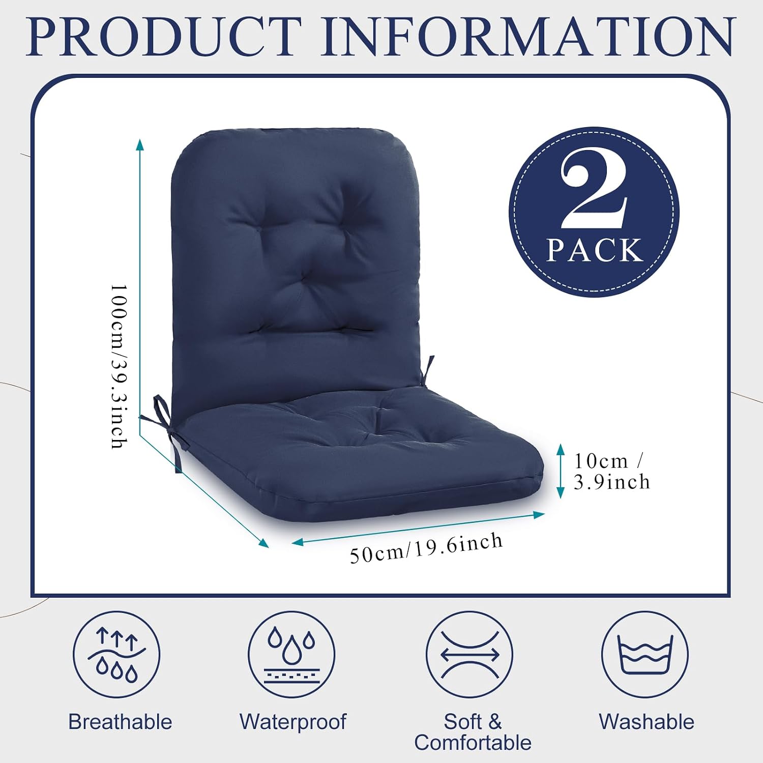 Navy Blue Tufted Patio Chair Cushions 2‑Pack