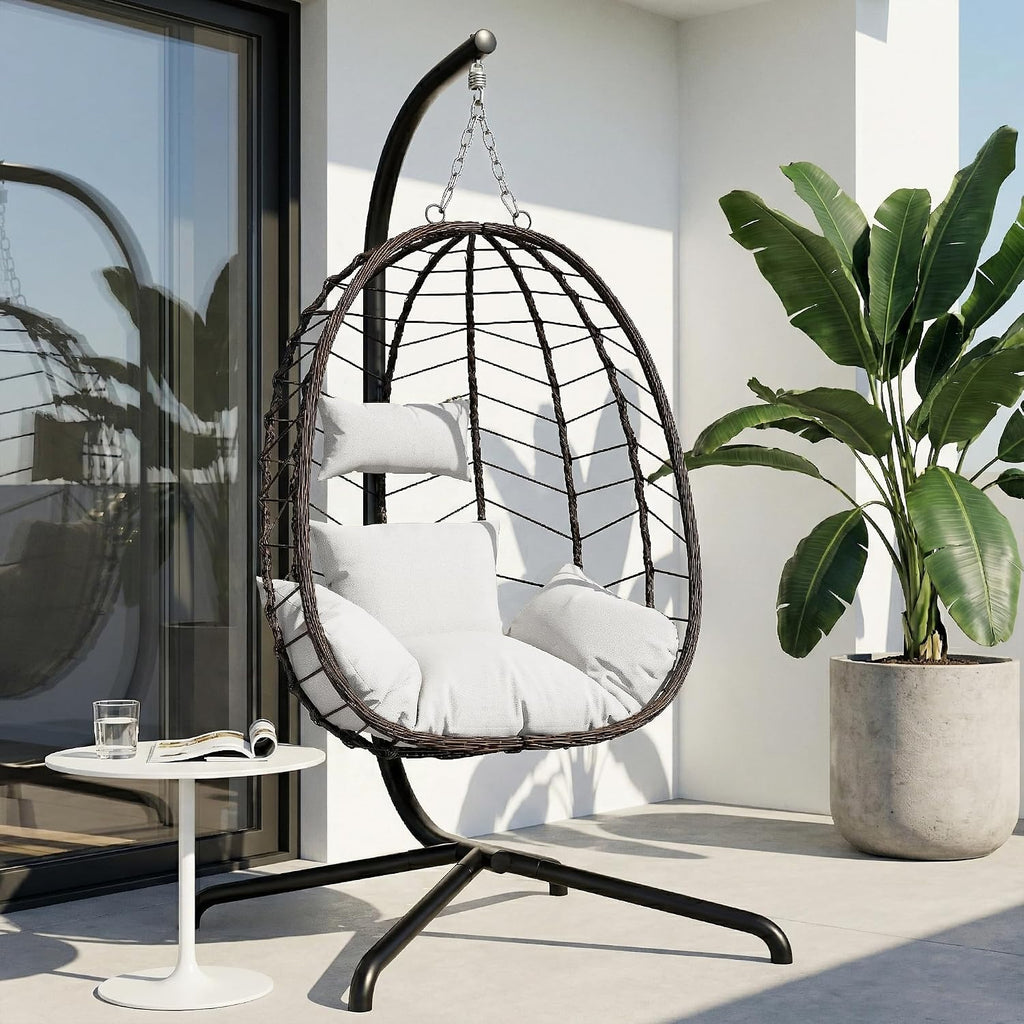 Brown‑Grey Wicker Hanging Egg Chair with Stand
