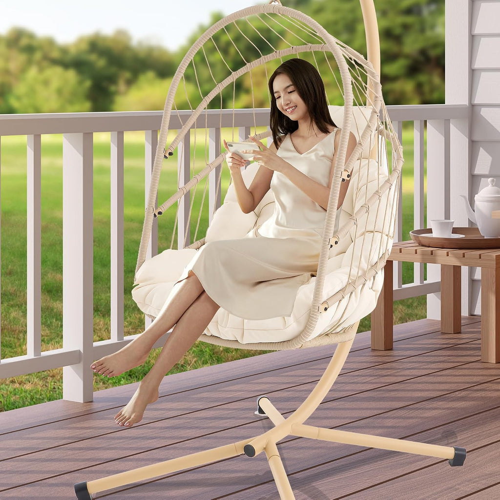 Beige Foldable Hanging Egg Chair with Stand