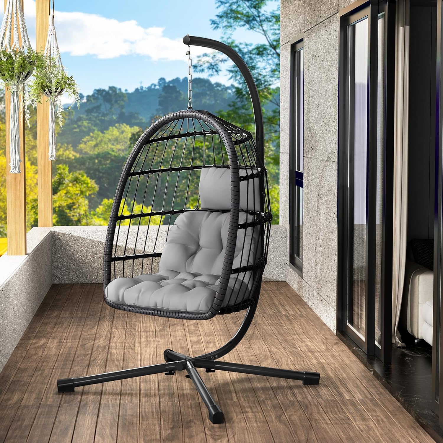 Light Grey Oversized Wicker Hanging Egg Chair with Stand