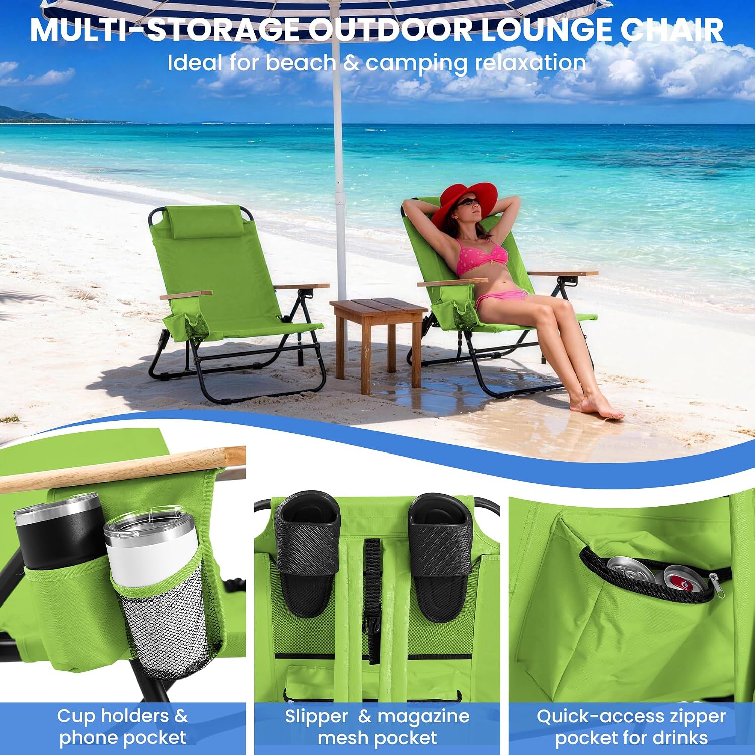 Light Green Reclining Camping Chair with Wood Armrests