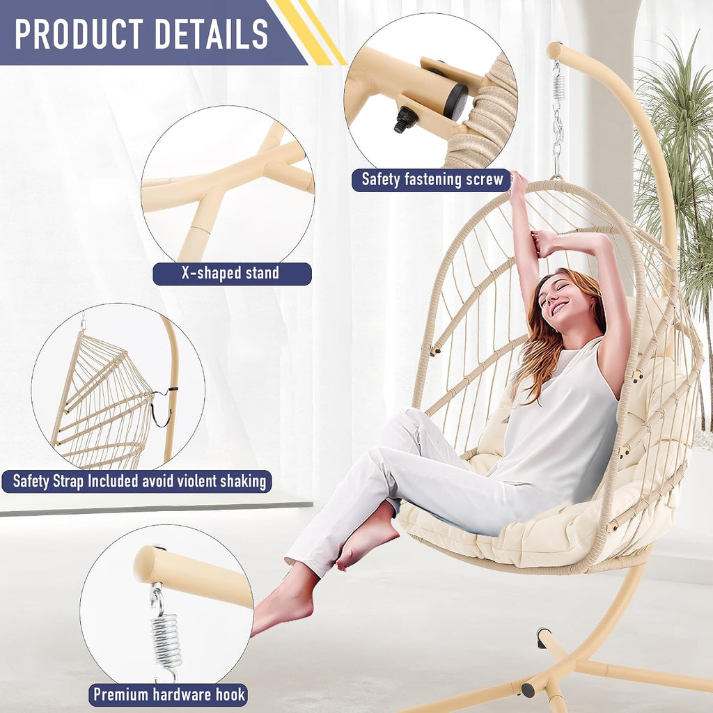 Beige Foldable Hanging Egg Chair with Stand