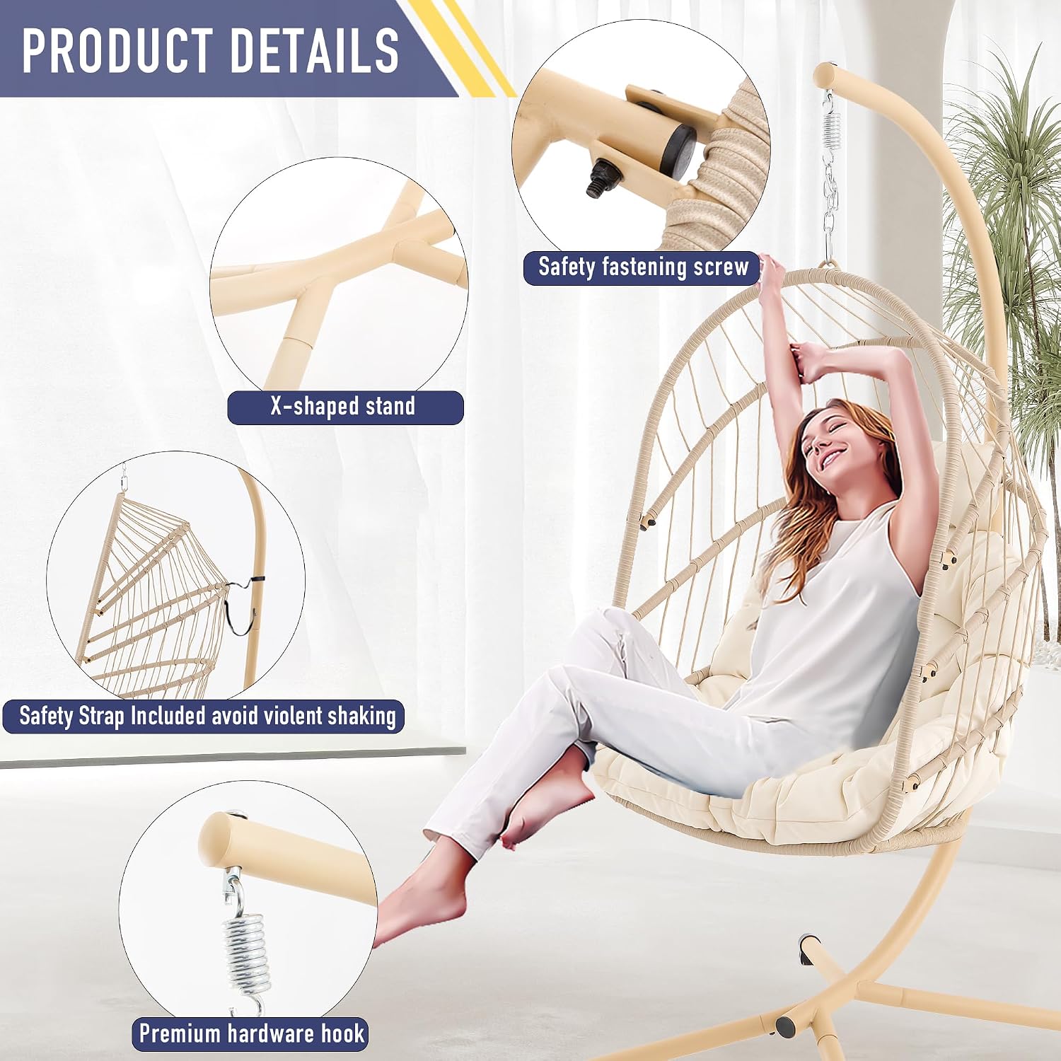 Beige Foldable Hanging Egg Chair with Stand