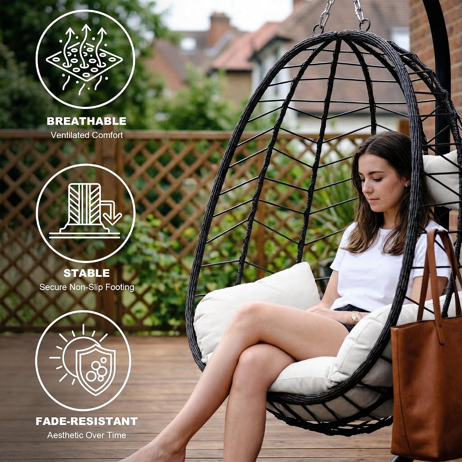 Brown‑Grey Wicker Hanging Egg Chair with Stand
