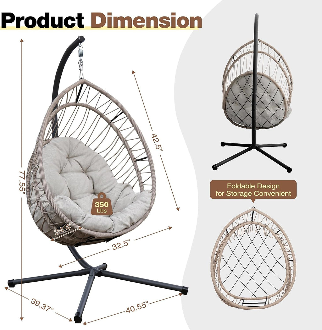 Grey Foldable Rope Hanging Egg Chair with Stand