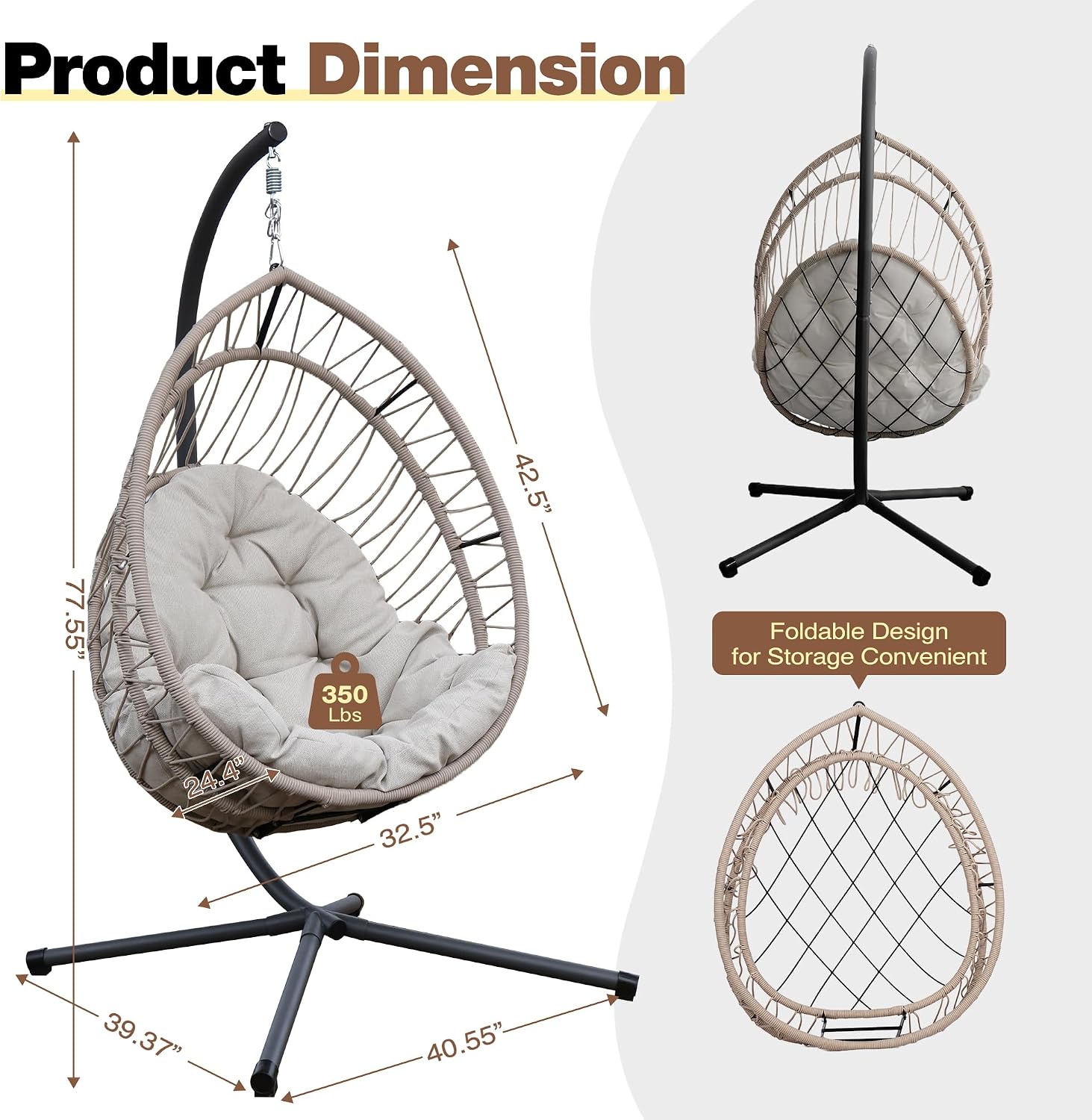 Grey Foldable Rope Hanging Egg Chair with Stand