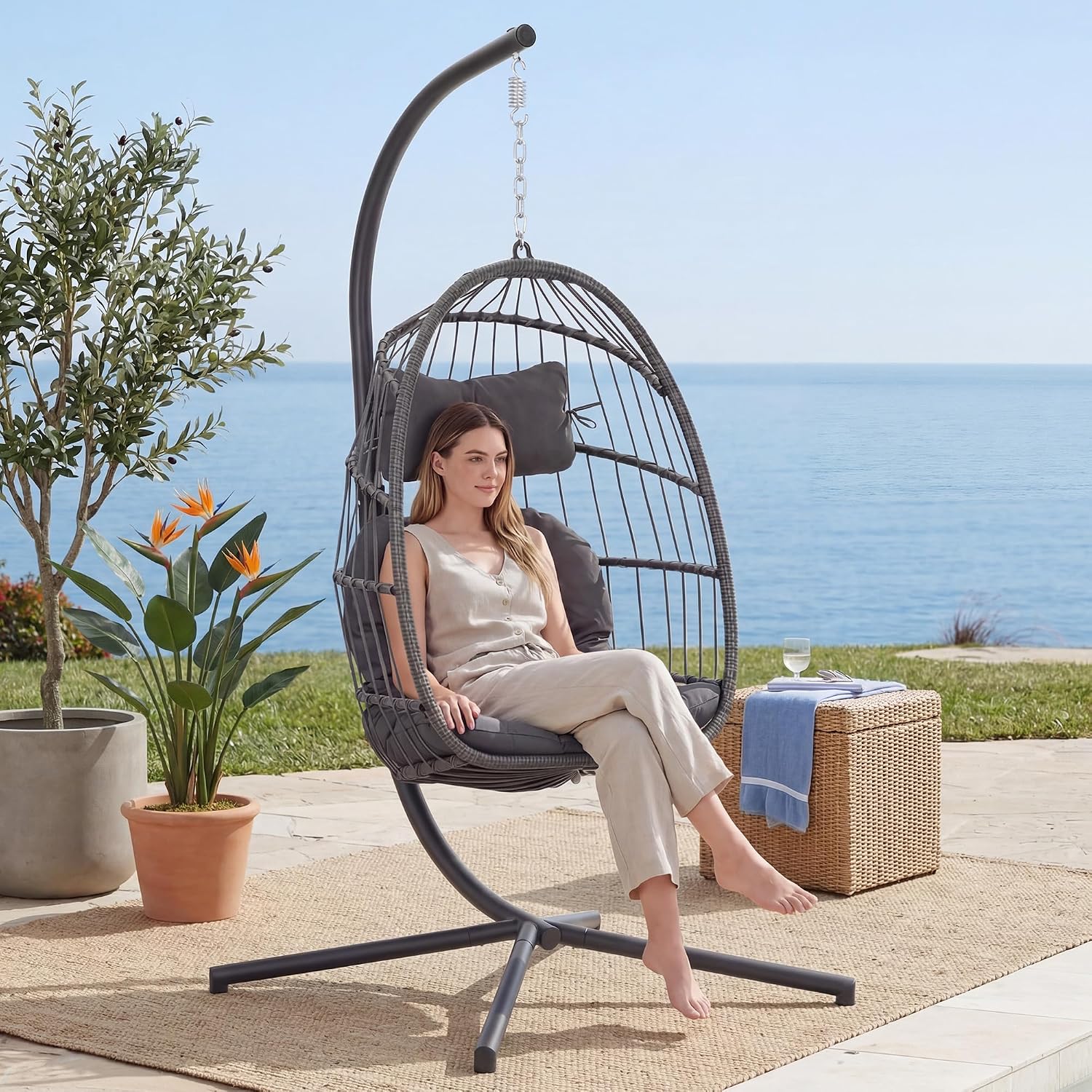 Charcoal Grey Hanging Egg Chair with Stand