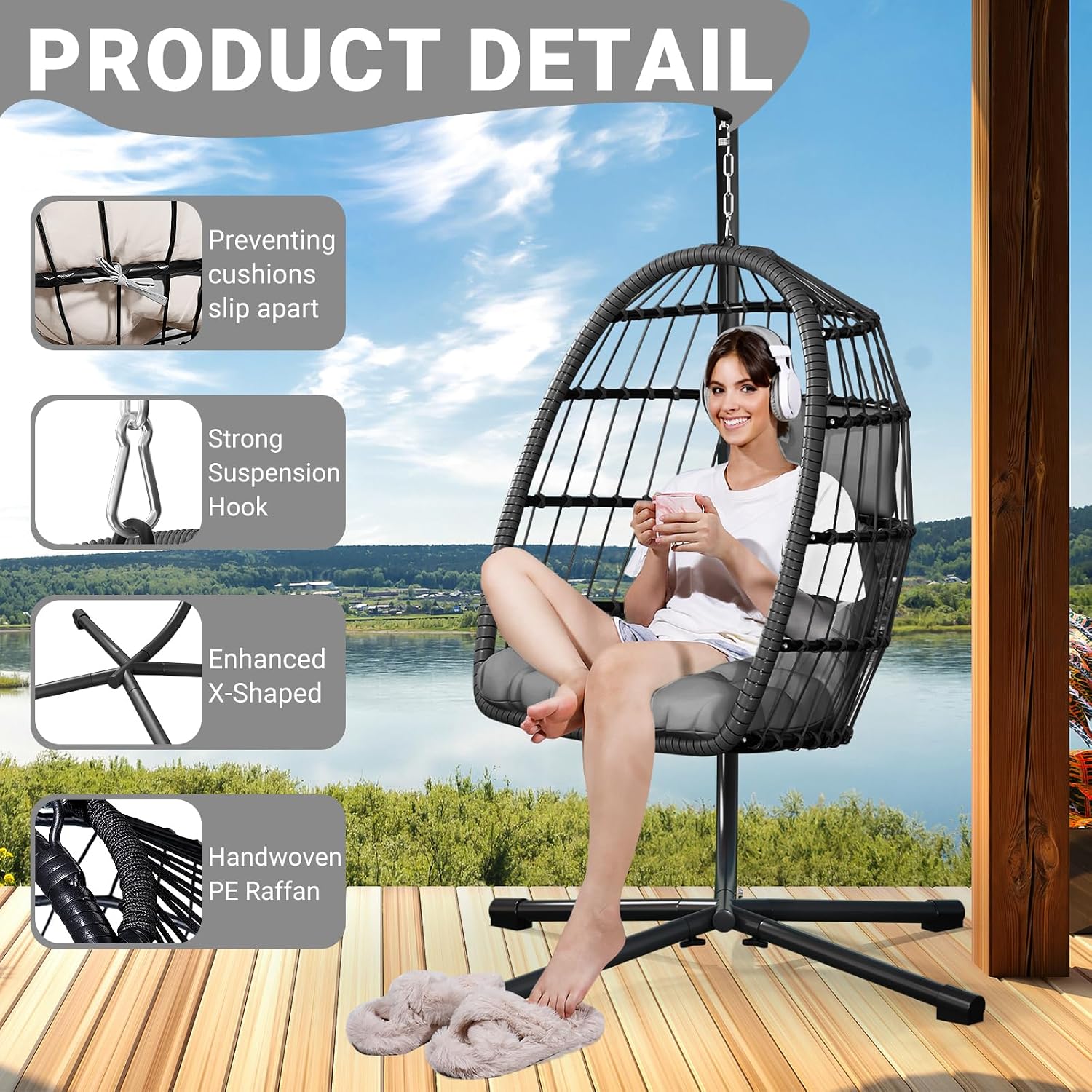 Light Grey Oversized Wicker Hanging Egg Chair with Stand