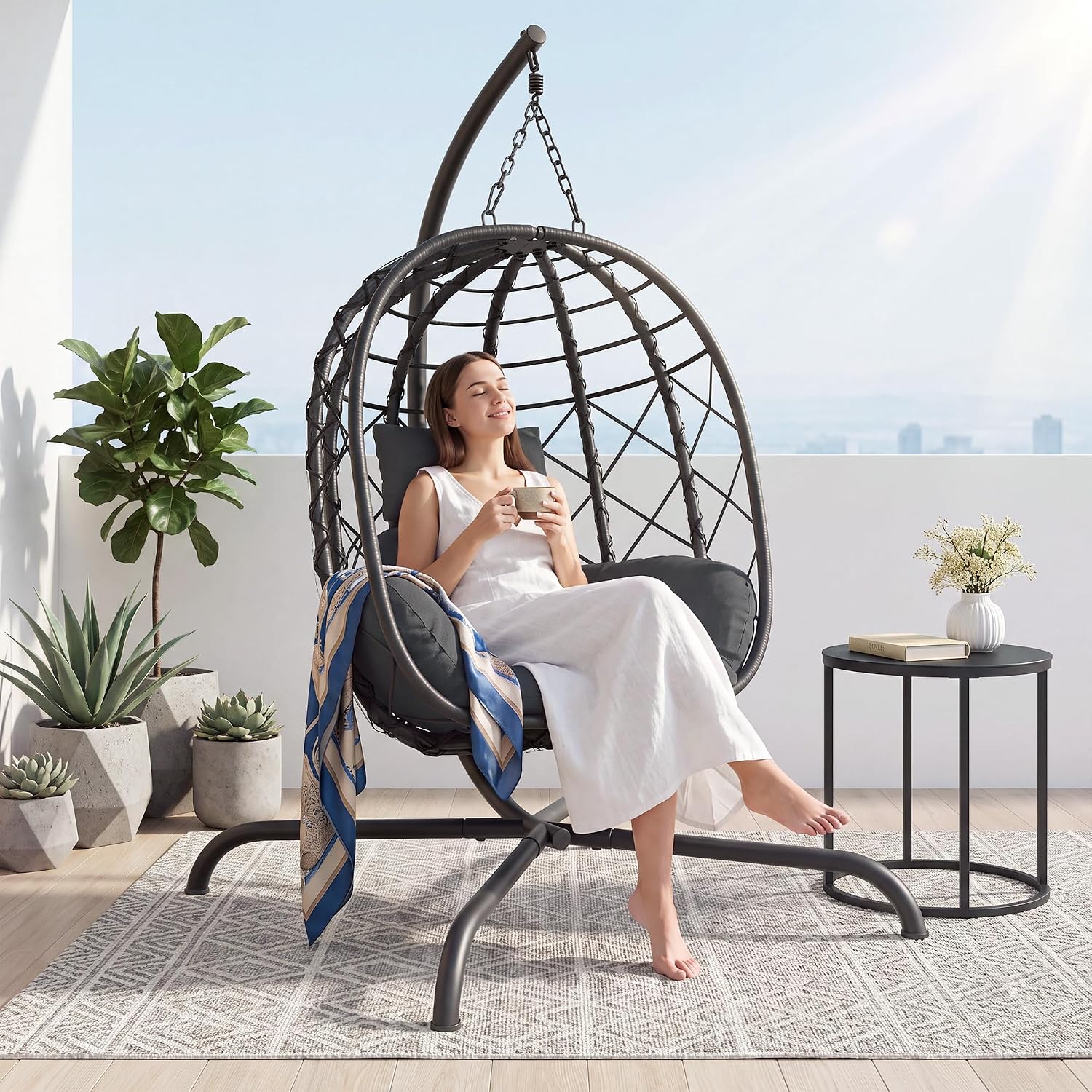 Deep Grey Wicker Hanging Egg Chair with Stand