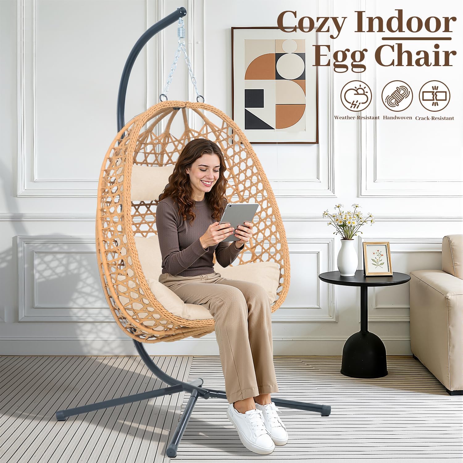 Burlywood Rattan Hanging Egg Chair with Stand