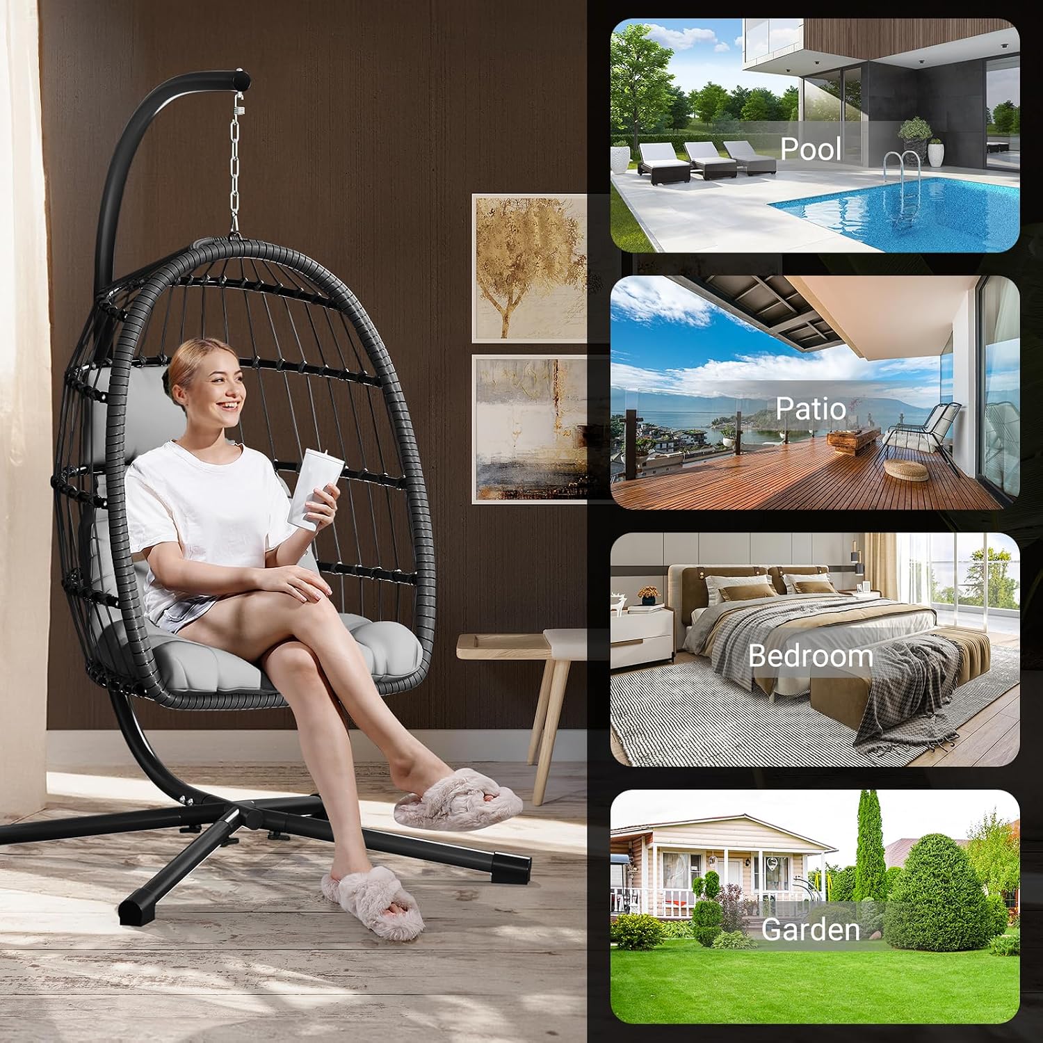 Light Grey Oversized Wicker Hanging Egg Chair with Stand