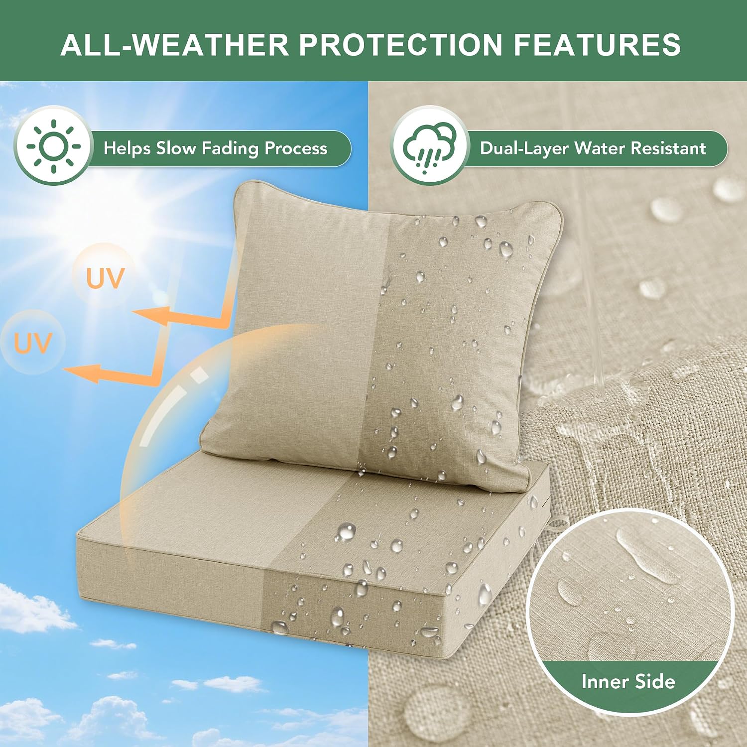 Beige Faux Linen Patio Cushions 2‑Pack