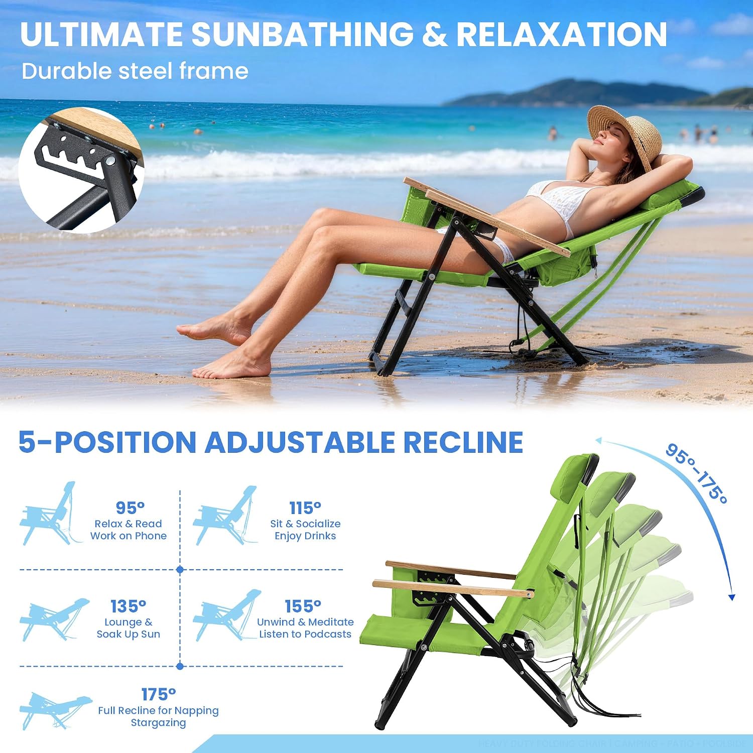 Light Green Reclining Camping Chair with Wood Armrests