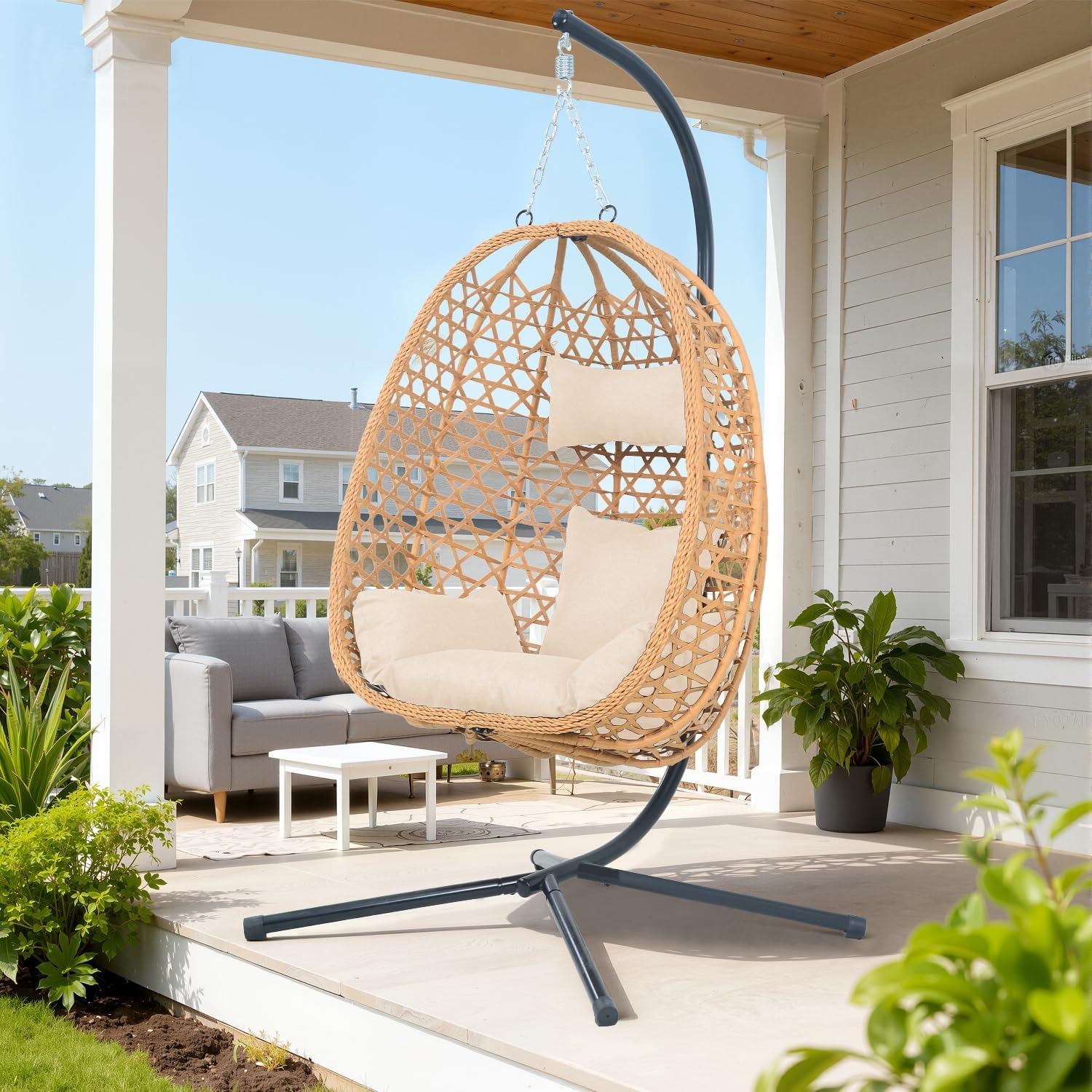 Burlywood Rattan Hanging Egg Chair with Stand