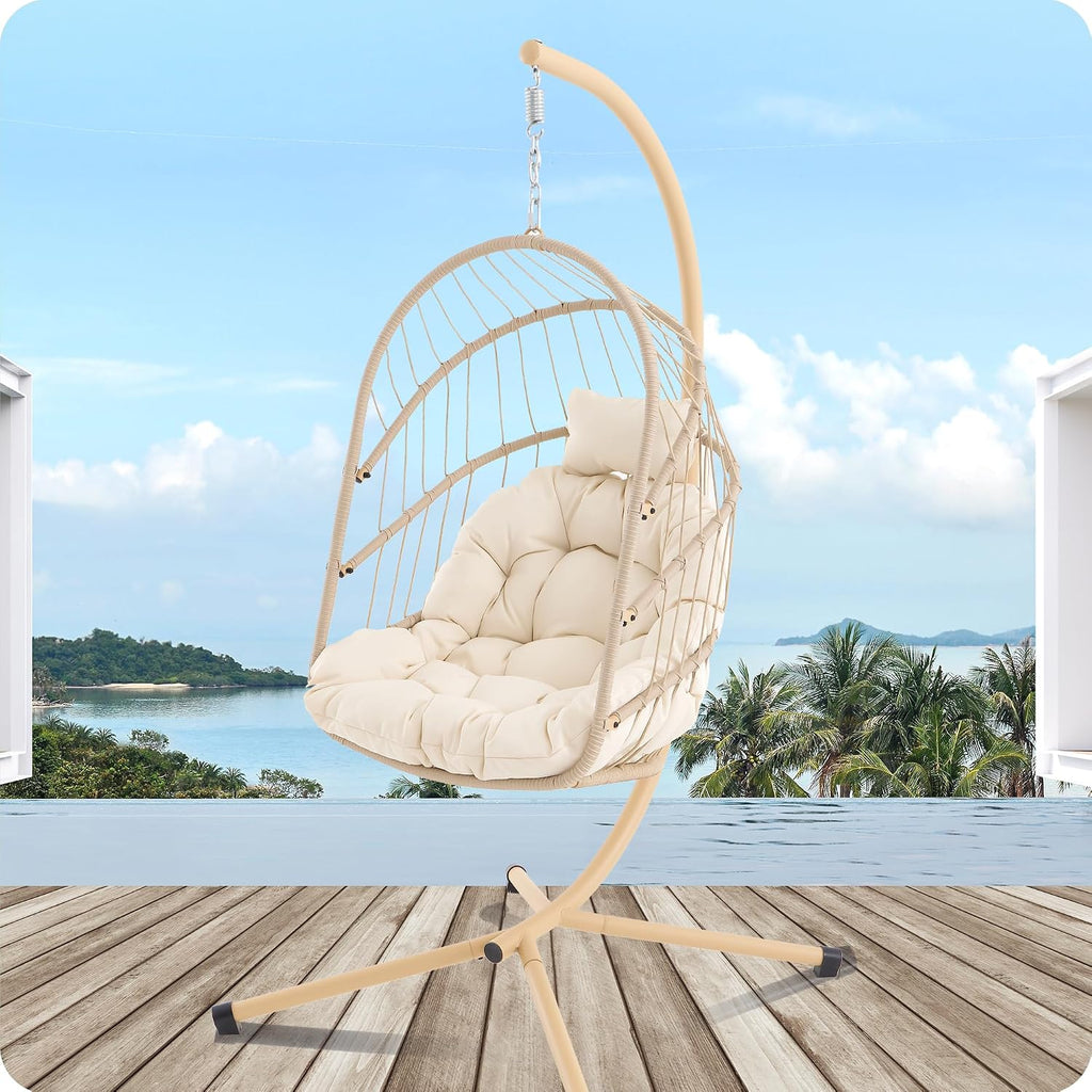 Beige Foldable Hanging Egg Chair with Stand