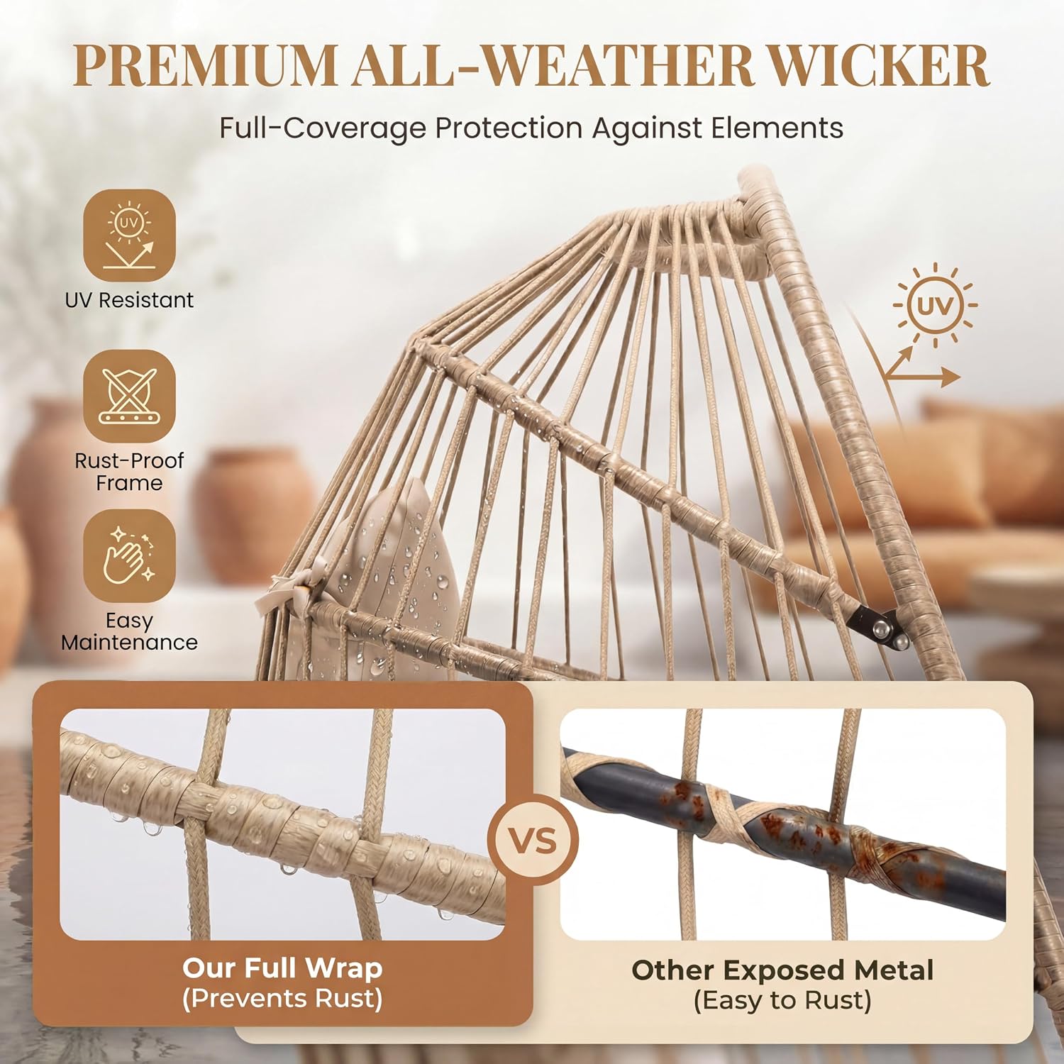 PE Wicker Hanging Egg Chair with Stand