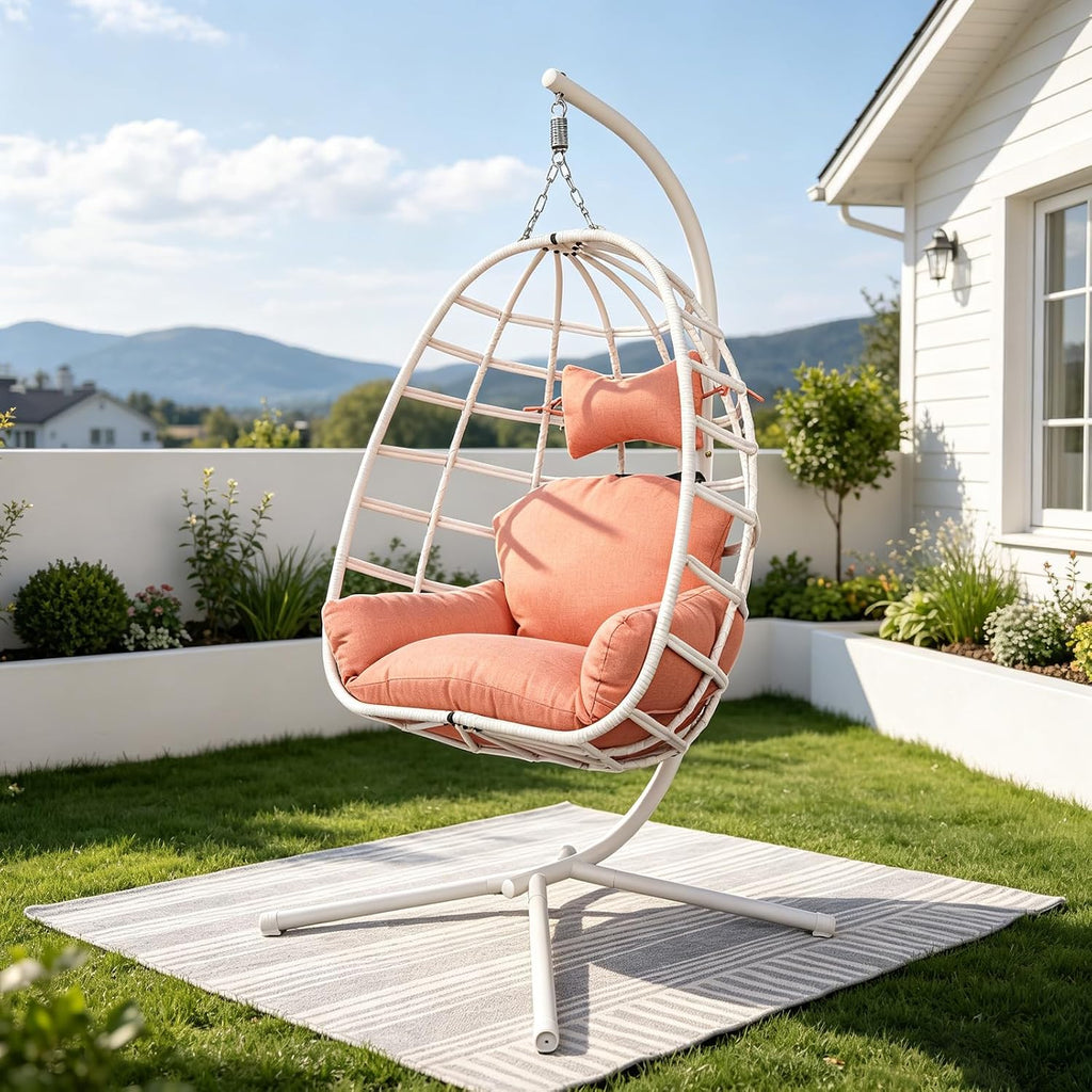 White‑Orange Rattan Hanging Egg Chair with Stand