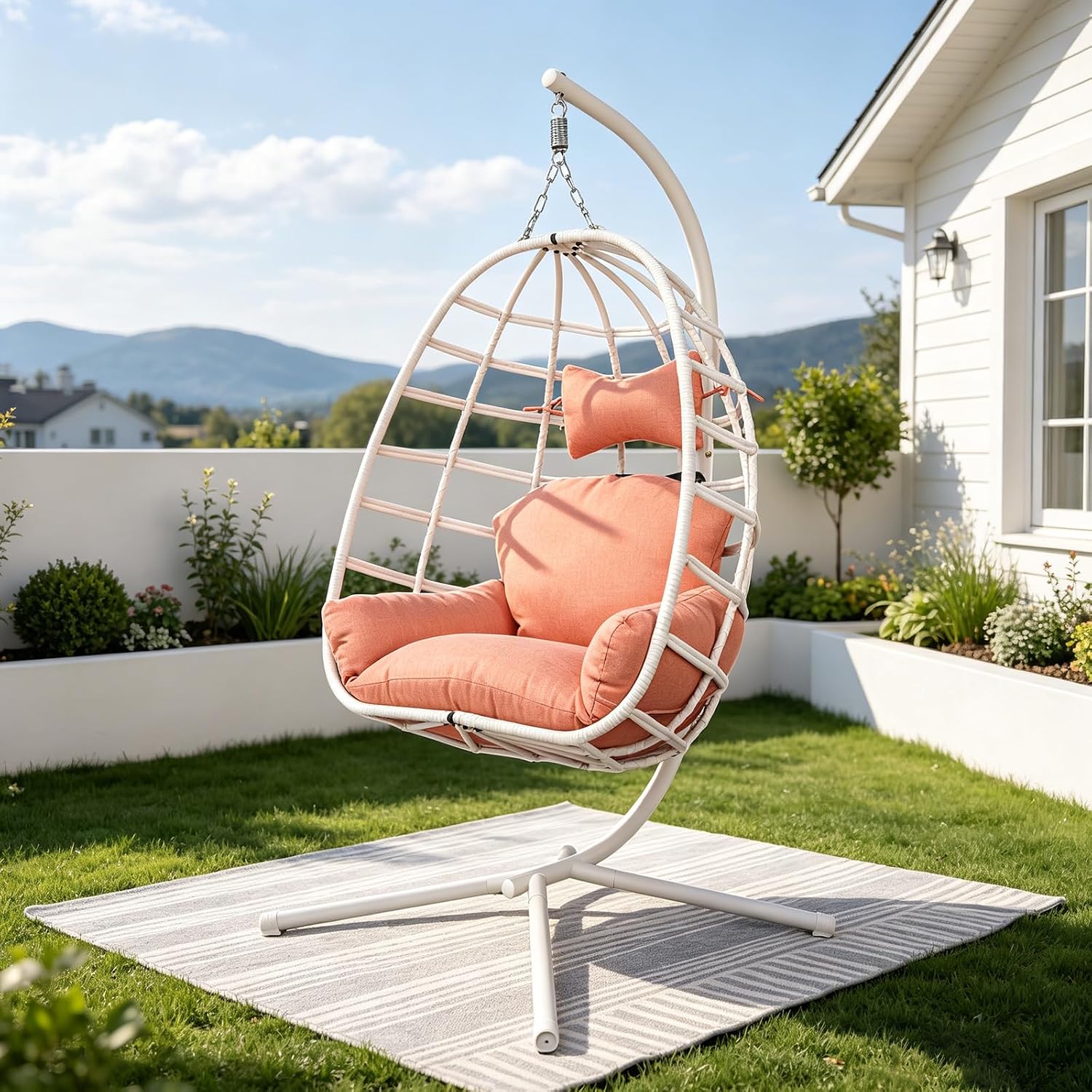White‑Orange Rattan Hanging Egg Chair with Stand