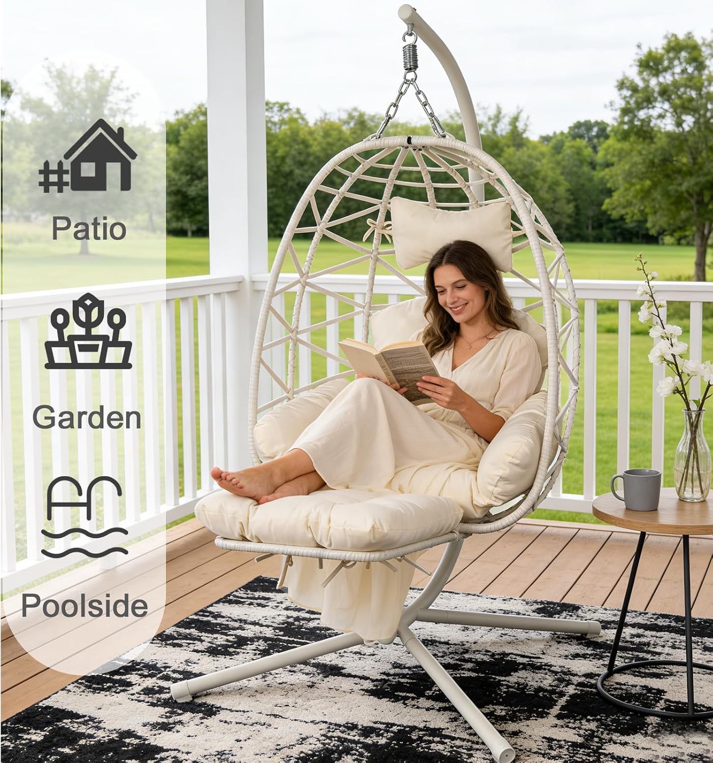 White Wicker Hanging Egg Chair with Footrest & Stand