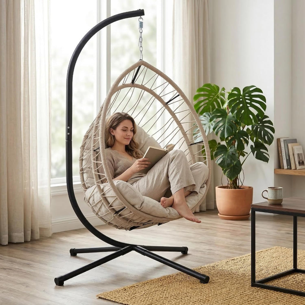 Grey Foldable Rope Hanging Egg Chair with Stand