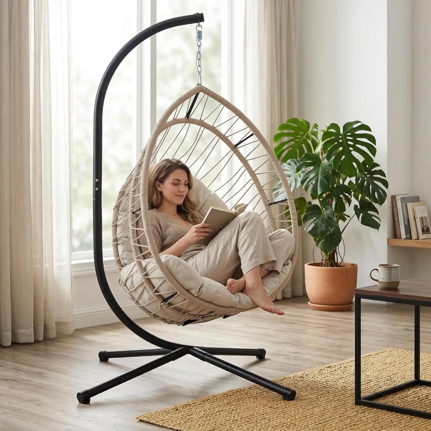 Grey Foldable Rope Hanging Egg Chair with Stand