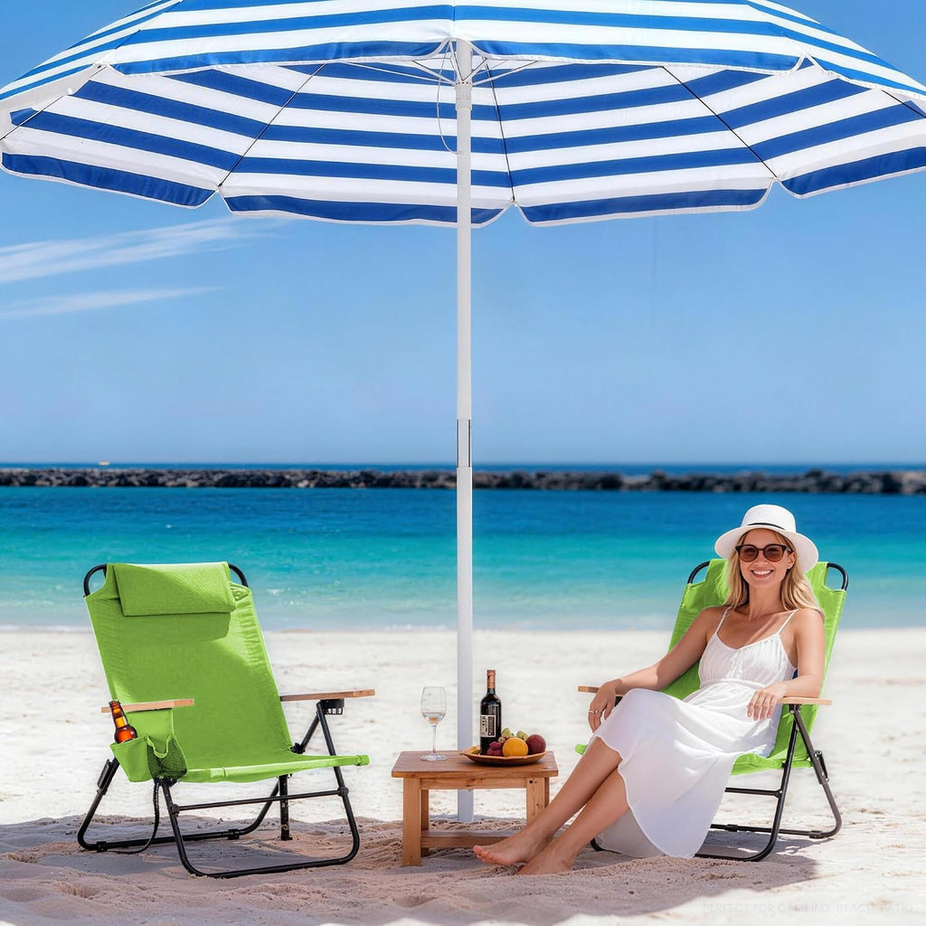 Light Green Reclining Camping Chair with Wood Armrests