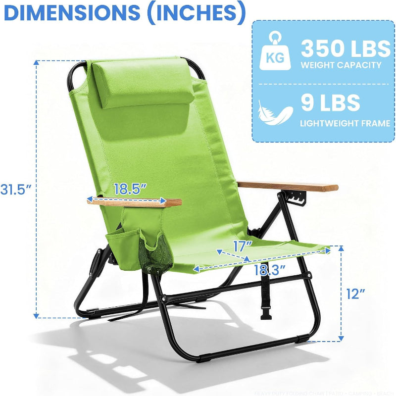 Light Green Reclining Camping Chair with Wood Armrests