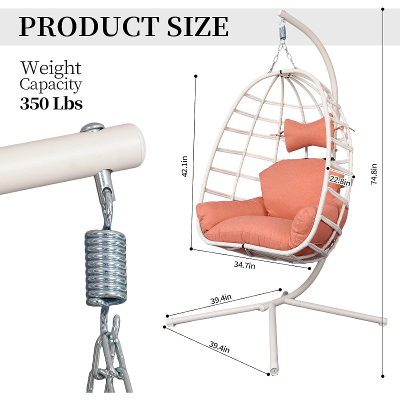 White‑Orange Rattan Hanging Egg Chair with Stand