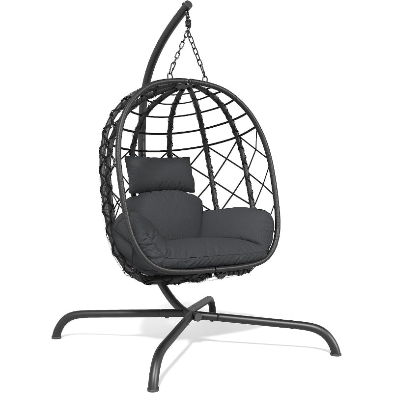 Deep Grey Wicker Hanging Egg Chair with Stand